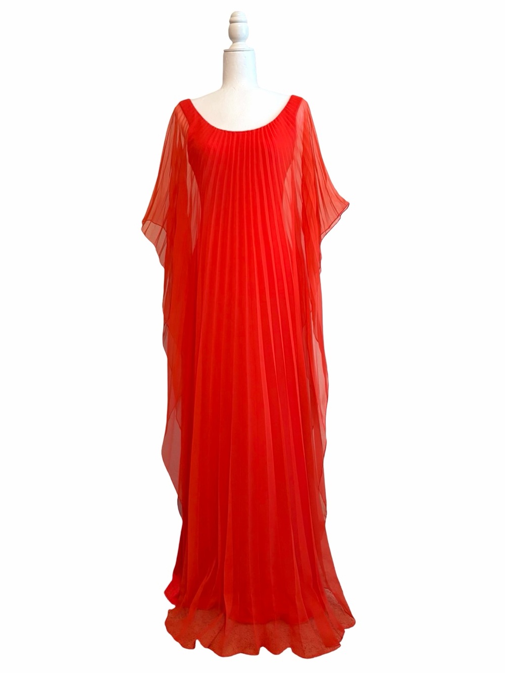 Vintage | Bright Orange Red Pleated Chiffon Goddess Dress - Picture 16 of 16